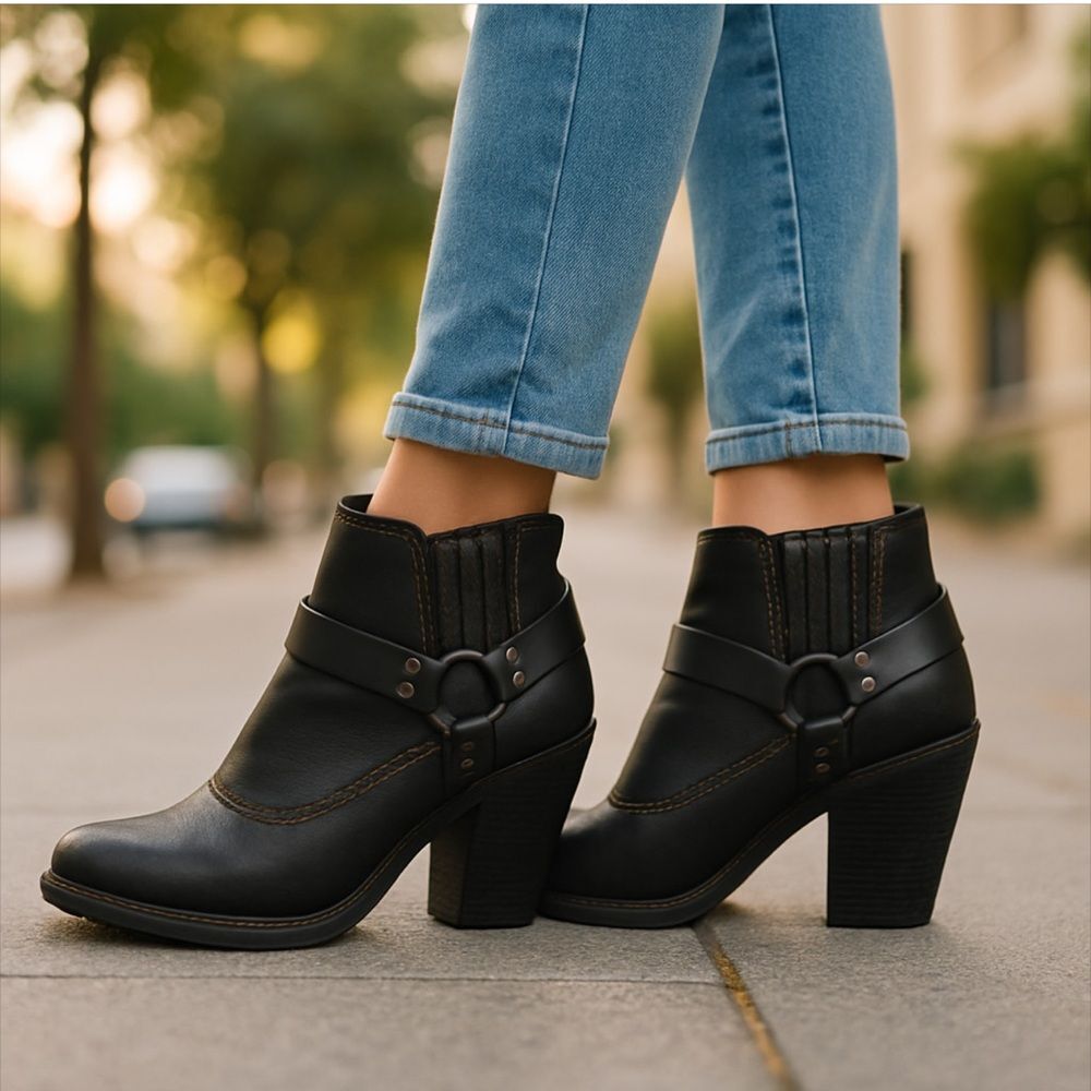 b.o.c. Black & Brown Western Ankle Boots with Chunky Heel Sz 9